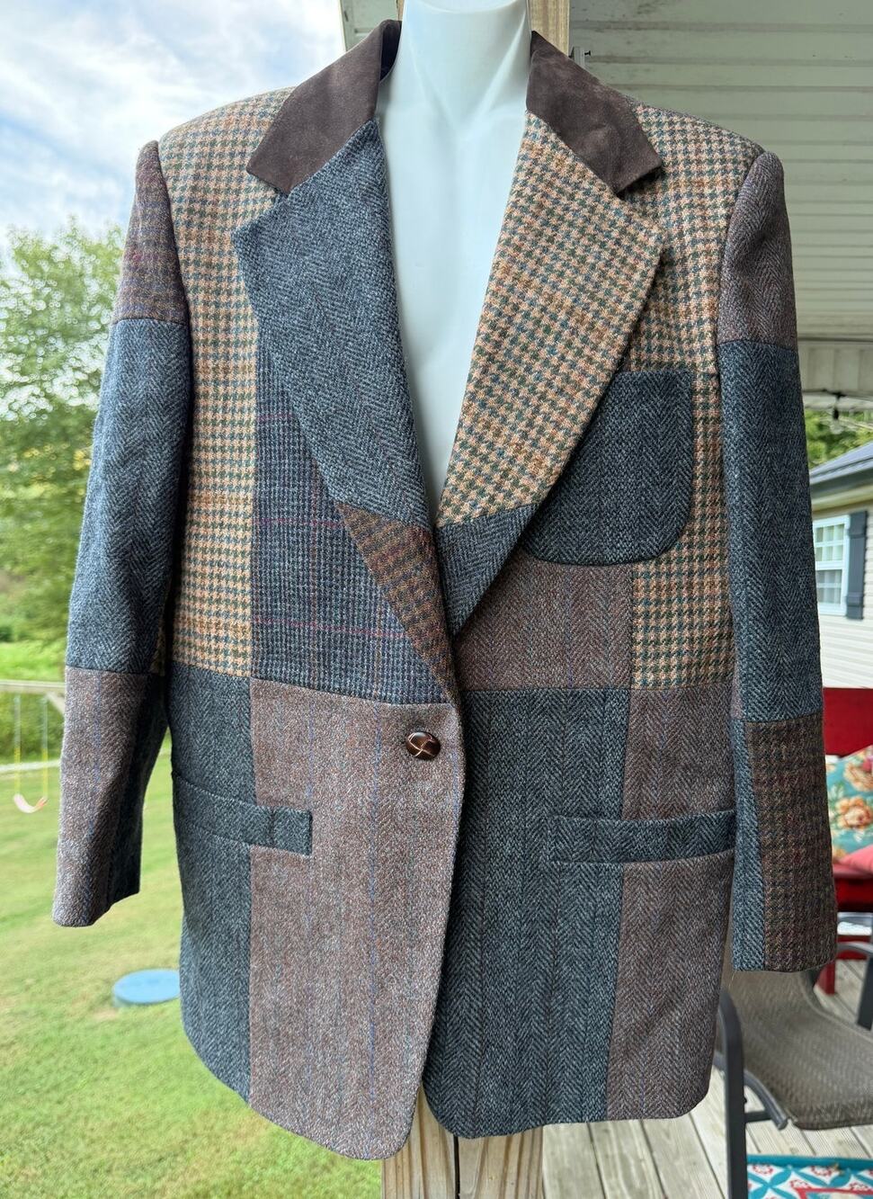 Vintage 90s Casual Corner Wool Patchwork Tweed Blazer Suede Lapel Sz 7/8 (S/M)